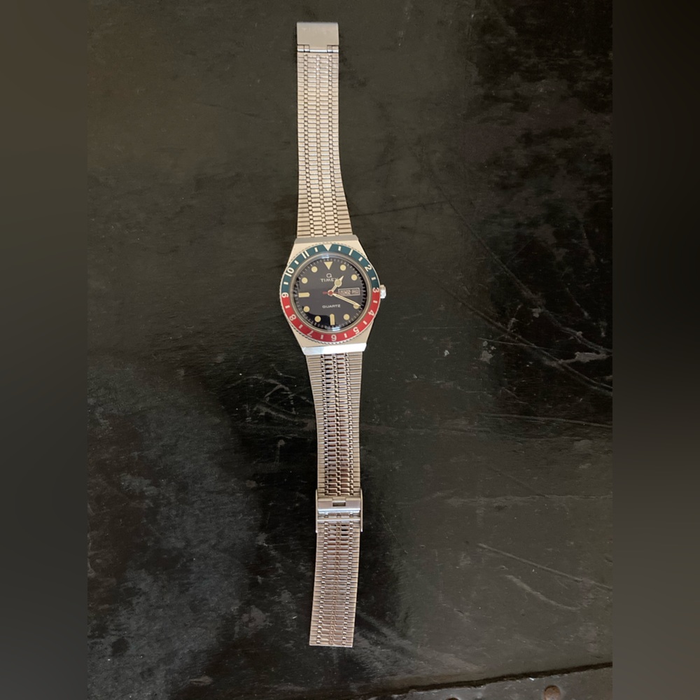 Men’s Timex Q reissue. Stainless Steel with Pepsi bezel.